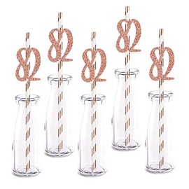 Rose Happy 82nd Birthday Straw Decor, Rose Gold Glitter 24pcs Cut-Out Number 82 Party Drinking Decorative Straws, Supplies