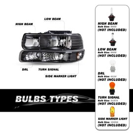 SOCKIR Headlight Assembly Compatible with 1999-2002 Chevy Silverado / 2000-2006 Chevy Tahoe Suburban Replacement with Bumper Lights 4pcs, Black Housing with Amber Reflector