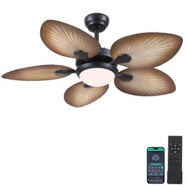 Tropical Ceiling Fans with Lights, 44 Inch Palm Leaf Outdoor Ceiling Fan with Light for Patios Porch Bedroom, Remote/APP Control, Reversible Quiet DC Motor, Dimmable LED, Wood Grain