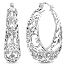 LeCalla 925 Sterling Silver Filigree Hoop Earrings | Chunky Heart Filigree Earrings | Round Hoop Earrings | High Polished Classic Click-Top Earring Hoop for Women 27MM