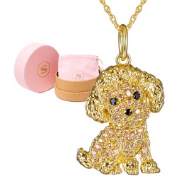 SCAMPER & CO Poodle Cubic Zirconia Puppy Charm Pendant Necklaces for Women - Genuine Gemstone with Elegant Backplate, 18K Yellow Plated Sterling Silver Necklace for Women Easy Closure 18 inch