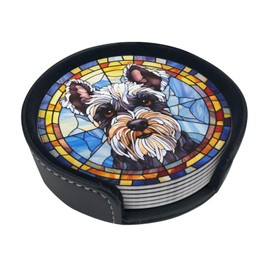 TOMASLINK Drink Coaster Set of 6, Schnauzer Dog Mom Lover Gift,Leather Drink Coasters with Holder,6 Pack Cup/Bar/Drink Coasters for Table/Drinks/Coffee Protection Housewarming Gift