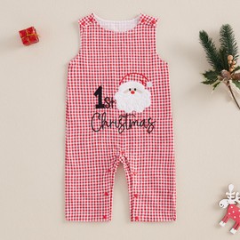 Thilsidee Baby Boys Girls Christmas Plaid Overalls Romper Sleeveless Embroidery Jumpsuit One Piece Playsuit Outfit Clothes (C-Red Santa Claus, 6-12 Months)