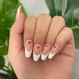 MERVF Coffin Press on Nails Long Fake Nails White French Tip Ballerina False Nails Heart 24pcs Glossy Acrylic Nails with Glue for Women and Girls