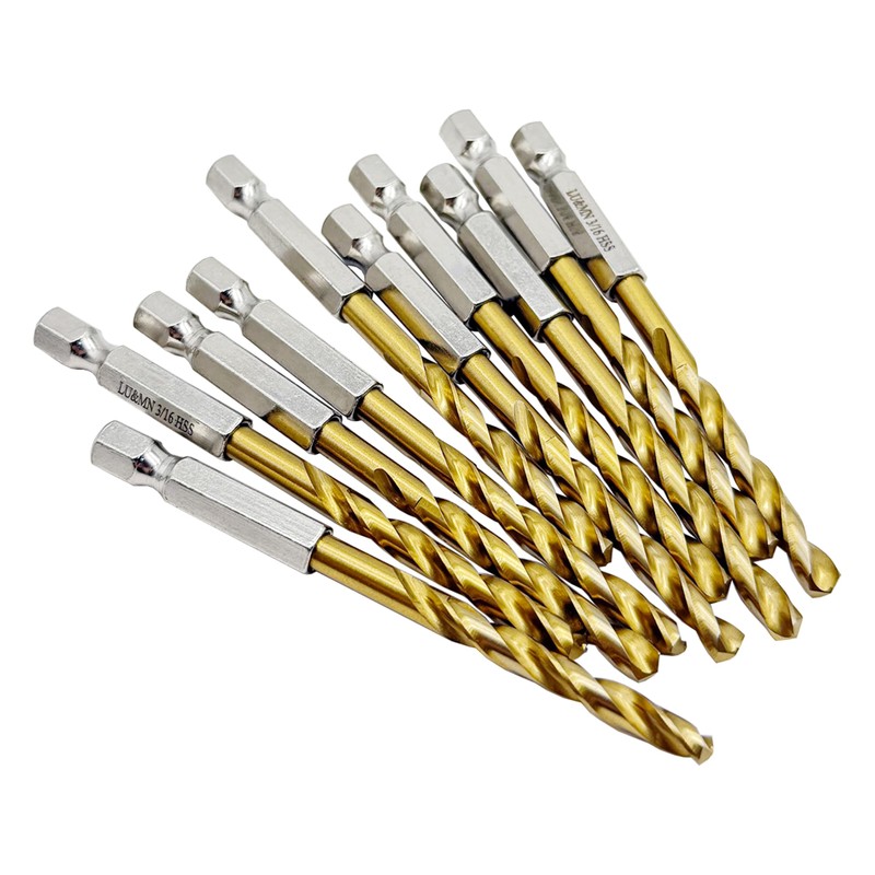 3/16" Hex Shank Titanium HSS Twist Drill Bits, 10PCS by