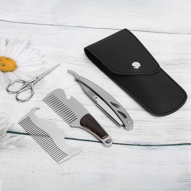 6pcs Beard Kit Shaving Knife Blade Beard Brush Scissors Storage