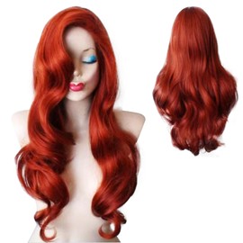 Fsahiuf Women's Red Faux Long Curly Hair Large Wavy Curls 24 Inch Synthetic Wig Everyday Party Anime Cos Wig Masquerade Party