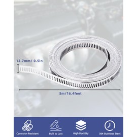 5 m Hose Clamps Stainless Steel Endless, Made of 304 Stainless Steel, with 12 Screw Clamps, Adjustable Hose Clamp Set, for Water Pipe, Tank, Gas Pipe, Cooler, Automotive Tubing