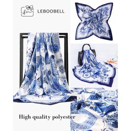 LEBOOBELL Womens Square Head Scarf Satin Printed Hair Scarf Like Silk Bandanas for Women 35 Inches Blue and White Porcelain