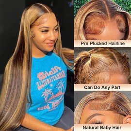 AUOU 30 Inch Highlight Ombre Lace Front Wig Human Hair 13x6 Honey Blonde Straight Lace Front Wigs Human Hair Pre Plucked 4/27 Colored Glueless HD lace Frontal Wigs for Women 200 Density