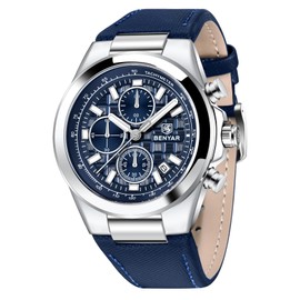 BENYAR Quartz Movement Chronograph 30M Waterproof Luminous Date Classic Leather Strap Men's Watches(Silver Blue)