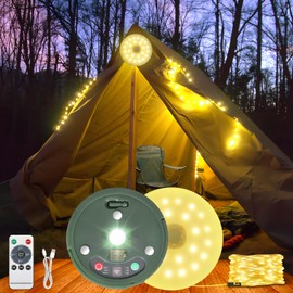 HELESIN Outdoor Waterproof Portable Stowable String Light, 3 in 1 Camping String Lights Outdoor with 8 Lighting Modes, USB Rechargeable Tent Lights for Camping, Hiking, Yard, RV (Warm Light)
