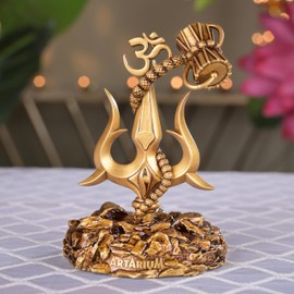 Artarium Trishul with Damru Decorative Showpiece for Puja, Shiv Symbol for Decoration, Shiva Trident Shoolam Trishul Car Dashboard Idol, Resin Mable & Gift Pack of 1 (3.9 Inch)