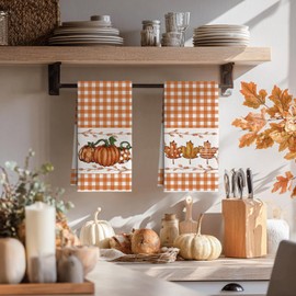 Artoid Mode Orange Buffalo Plaid Pumpkin Fall Kitchen Towels Dish Towels, 18x26 Inch Quick Dry Microfiber Hand Towels for Kitchen Drying Set of 2