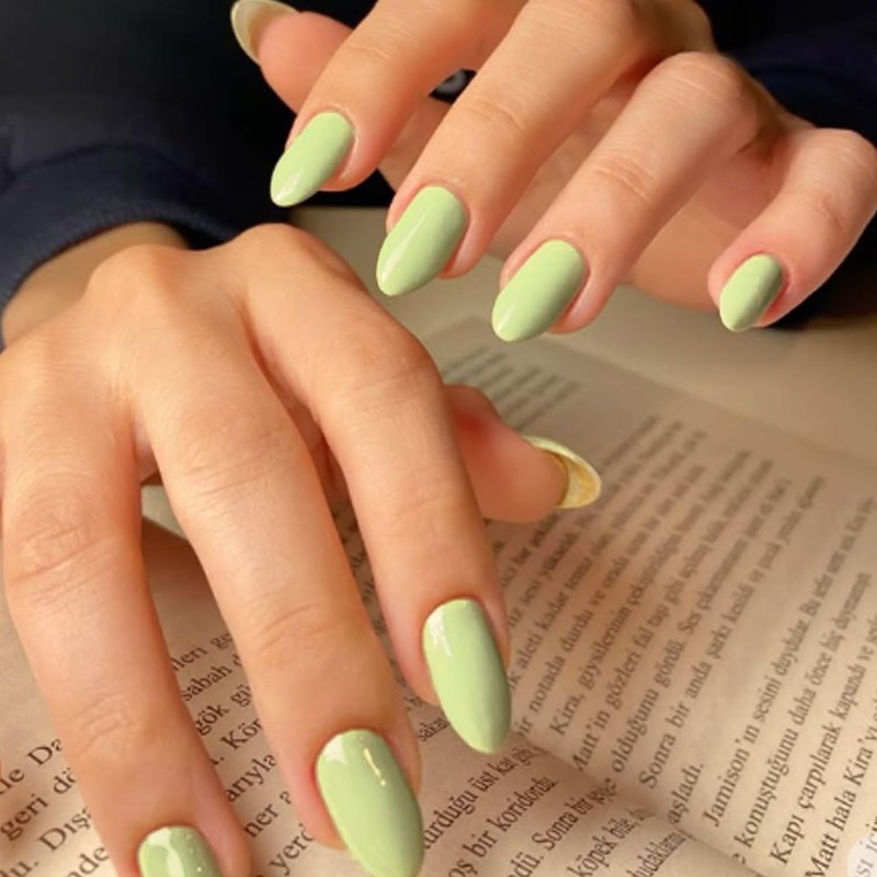 modelones Uñas postizas cortas Modelones Green Press on Almendra, con