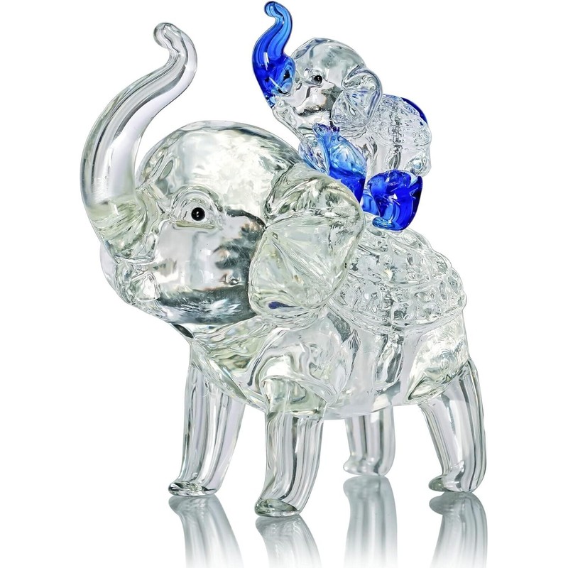Crystal Elephant Figurines Mother Son Glass Elephants with Trunk Up