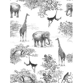 MAGAFA Peel and Stick Wallpaper - Giraffe and Elephant Black/White Forest Animals Vintage Contact Paper for Kids Room and Old Furniture Renovation (17.7' x 236.2')