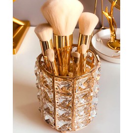 umely Crystal Trinket Case, Makeup Brush Case, Storage, Interior, Stylish, Gold, Cylindrical, Lip Stand, Transparent (Pink Gold 1)