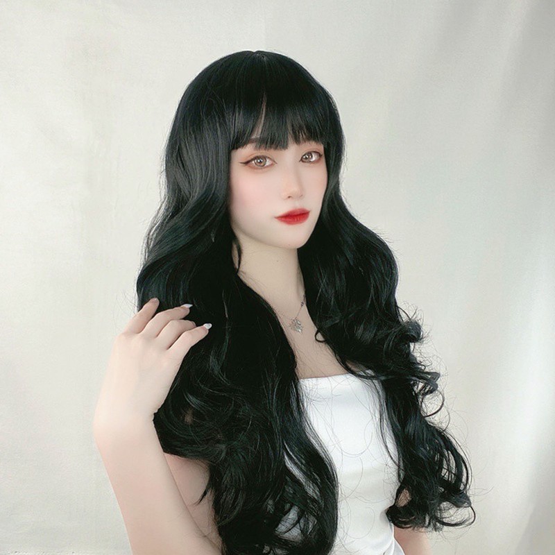 Long Curly Wavy Wig with Bangs Women Fashionable Synthetic Heat