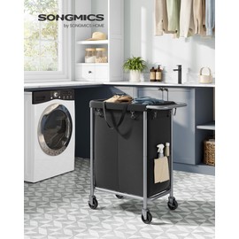 SONGMICS Laundry Basket with Wheels, 2-Section Rolling Laundry Hamper, 37 Gallons (140L), Removable Liner, Steel Frame with Handle, Blanket Storage, 27.2 x 15.4 x 31.9 Inches, Ink Black URLS004B01