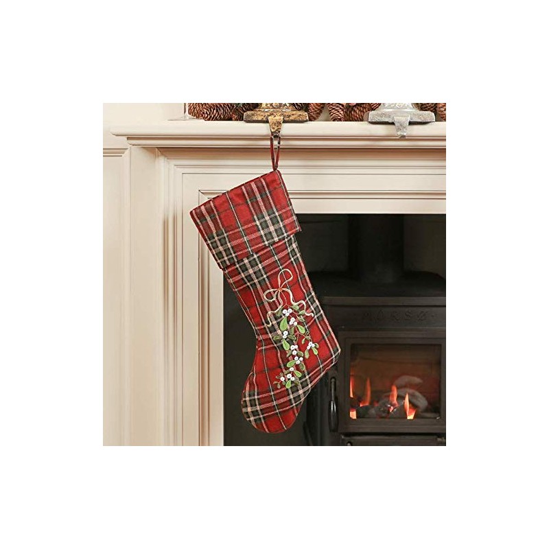 Dibor Festive Tartan Stocking with Mistletoe Embellishment and Hanging Loop