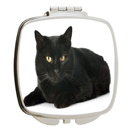 Island Gifting - Black Cat with Gorgeous Bright Yellow Eyes - Square Compact Mirror - Travel Mirror, Htyelloweyes