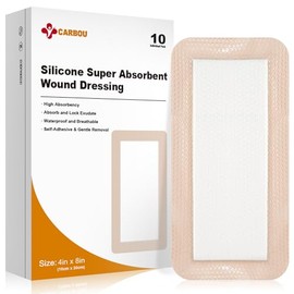 CARBOU Apósito de silicona superabsorbente Carbou de 10 x 20 cm, paquete de 10 unidades, autoadhesivo, impermeable, suave y muy absorbente para el cuidado de heridas, quemaduras, escaras, traumatismos