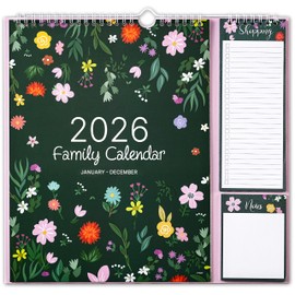 Family Calendar 2026 - Calendar 2026 from January 2026 - December 2026, with 5 Columns Layout, Shopping Lists ＆ Notes Pad, Holidays, 32 x 29.5 cm - Beautiful Flowers