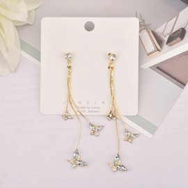 Zircon Butterfly Tassel Earrings for Women Long Colours Crystal Imitation Pearl Dangle Earrings Rhinestone Butterfly Drop Earrings (Gold)