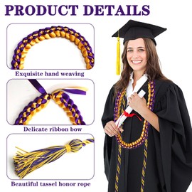 WUEURU 2Pcs Graduation Lei,Ribbon Lei Necklace for 2025 Graduation Parties with Tassel Adjustable Graduates Leis for Graduation Gifts,Grads Parties Decorations（Purple Gold）