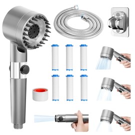 Duschkopf mit 6 Filter, Hochdruck Handbrause mit 15 Schichten Filtersystem, Wassersparend Handbrausekopf 2m Schlauch 3 Strahlarten Wassersparender Duschkopf für Entfernen vom Rest-Chlor, harten Wasser