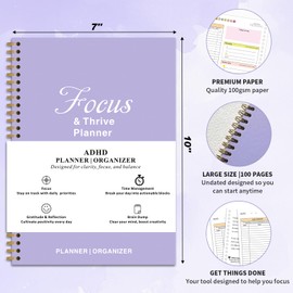 ADHD Planner & 54 Support Cards Set – Daily Undated Productivity Planner with Stickers + ADHD Tools for Adults Women – Focus, Cleaning & Organization Bundle with Affirmations and Strategies (Purple)