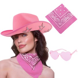 Aprince Cowboy Hat for Women and Men Pink Western Sparkly Cowgirl Hats with Bandana Sunglasses for Cosplay Disco Music Party