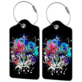 Colorful Cat Head 2 Pack Luggage Tag for Suitcase, Leather Bag Tags Identifiers Privacy Cover ID Label with Steel Loop for Women Men Kids Girls Travel