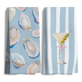 Nipil 250 Coastal Oyster Shell and Martini Kitchen Towels Set of 2, Watercolor Seafood Cocktail Hand Towels for Kitchen Bar Seaside Restaurant, Beach Lover Gifts Hand Towels, 16x24 Inch