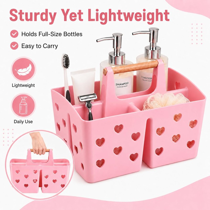 Pink Portable Shower Caddy with Wooden Handle, Plastic Shower Basket