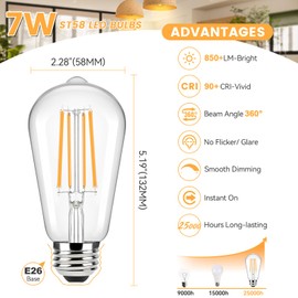 Brightever Edison Light Bulbs 60 Watt Equivalent, 2200K Amber Light Vintage Dimmable LED Bulb, 850LM, 90+CRI, 7W ST58 E26 Base Bulb, Clear Glass Antique Decorative Filament Lightbulbs for Room, 6-Pack