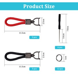 INNAL Set of 12 Keyrings for Car, Motorcycle with 6 Screwdrivers, Braided Leather Keyring, Unisex Leather Car Key Ring for Car, Motorcycle and Home Keys, Black and Red