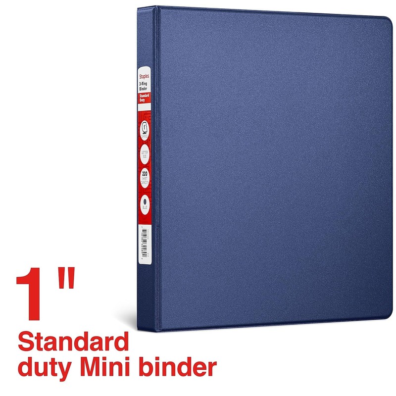 Staples Standard Non‑View Binder, 1" Round Ring, Blue, Durable 3‑Ring