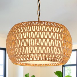 18" Rattan Farmhouse Chandeliers for Dining Room,3-Light Hand-Woven Rattan Chandelier,Fabric Shade Boho Chandelier Pendant Light fixture Drum Chandelier Hanging Lights for Bedroom Kitchen Island
