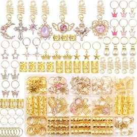 NAISKA 156Pcs Pink Crystal Loc Dreadlocks Jewelry Gold Hair Jewelry for Braids Multi Shape Crown Pearls Hair Decoration Hair Coils Rings Dreadlocks Ha