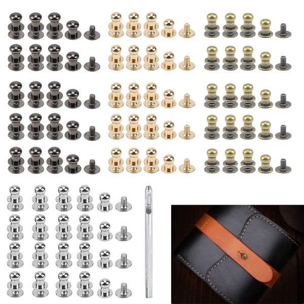 WETARENDA GIBOSHI Screw Type, Set of 80, 4 Colors, Gold, Silver, Black, Copper Leather, Craft Rivets, Screw Type, For Leather, Studs, Joints, Buckles, Fasteners, Crafts, Parts
