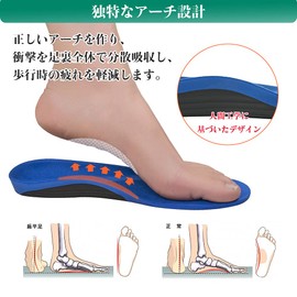 Insole, Flat Foot, Arch Support, Reduces Fatigue, Insole, Shock Absorption, Arch Type, Flat Feet, Insole, Plantar Fasciitis, Arch Support, Standing Work, School, Unisex, Size Adjustable (M, Blue)