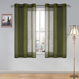 DWCN Short Sheer Curtains for Kitchen/Dinning Room - Faux Linen Grommet Window Voile Sheer Curtains, Olive Green, Set of 2, W46 x L54