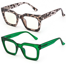 AQWANO Oversized Square Reading Glasses for Men Women, Stylish Designer Computer Readers Blue Light Block Anti Glare UV Ray Filter Eyeglasses, Green/Brown Flower 2.0