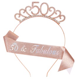 50th Birthday Decoration for Women,Rose Gold Birthday Sash and Rhinestone Headband for Women's 50th Birthday Party Decor