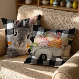 Vorysum Set of 2 Easter Cushion Covers 45 x 45 cm Rabbit Easter Decoration Sofa Cushion Easter Eggs Cushion Covers Flowers Cushion Spring Summer Happy Easter Cushion Cover Decoration Holiday Party