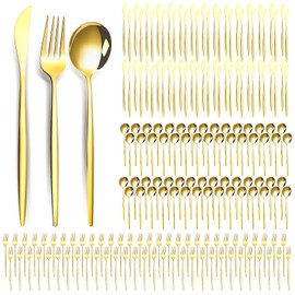 180 Pcs Gold Silverware Bulk for 60 Stainless Steel Flatware Reusable Utensils Knives Spoons and Forks Cutlery for Kitchen Restaurant Service Wedding