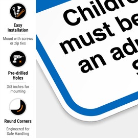 Children 12 and Under Must Be Accompanied by an Adult Sign, Pool Sign, 12x18 Inches, 55 mil Thick HDPS (high Density polystyrene), Made in USA