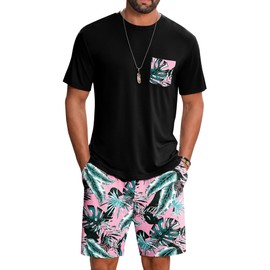 LecGee Men Sets Outfits 2 Piece Round Neck Palm Print T Shirt and Hawaiian Shorts Travel Outfit